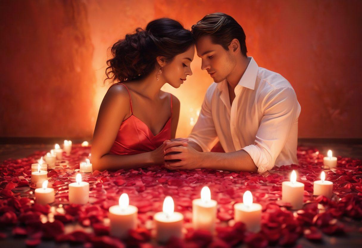 A romantic scene depicting a couple intertwined amidst a backdrop of soft, glowing candles and delicate rose petals. The atmosphere feels warm and intimate, showcasing the essence of pleasure and passion in their connection. Their expressions convey love and bliss, with hints of playful affection. The color palette is rich in warm reds and soft pinks, evoking a sense of romance and tenderness. super-realistic. vibrant colors. soft focus.