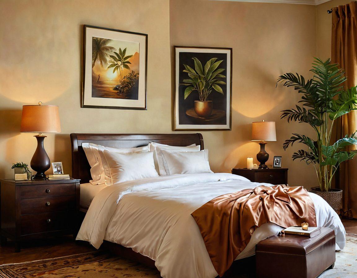 A serene and inviting bedroom setting, softly lit with warm tones, featuring elegant satin sheets, tasteful art depicting intimacy, and exotic plants that evoke a sense of calm and exploration. In the corner, a delicately arranged table with sensual books and candles, suggesting a journey of discovery and pleasure. The overall ambiance should feel both luxurious and inviting, provoking curiosity and connection. super-realistic. warm colors. soft focus.